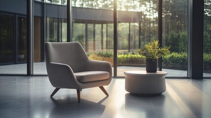 Obraz premium Minimalist modern lounge with stylish, clean design. Featuring sleek lines and muted colors