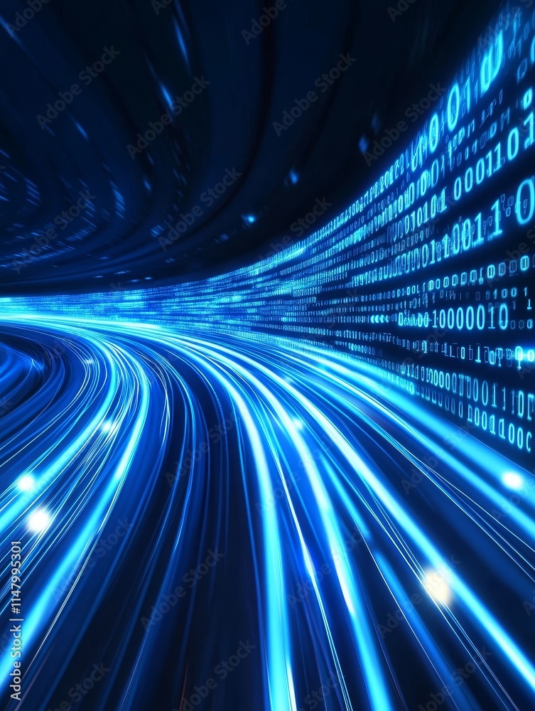 Poster vibrant digital tunnel with glowing blue lights and binary code flowing in an abstract motion, repre