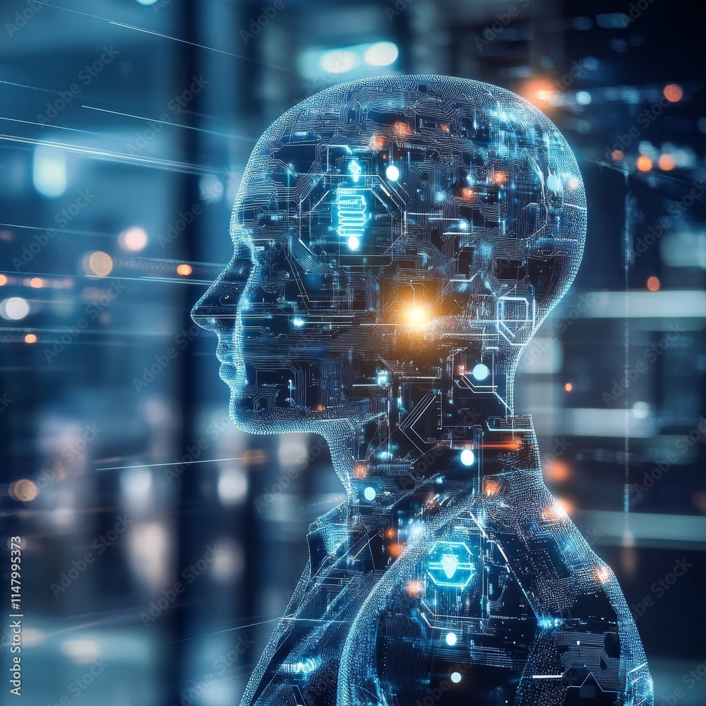Poster human and machine merge in a futuristic concept representing artificial intelligence and digital tec