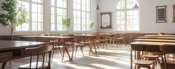 High school classroom with vintage wooden chairs and desks. Back to school concept.