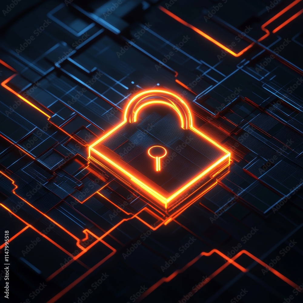 Poster digital padlock symbol glowing on a circuit board background representing cybersecurity and data pro