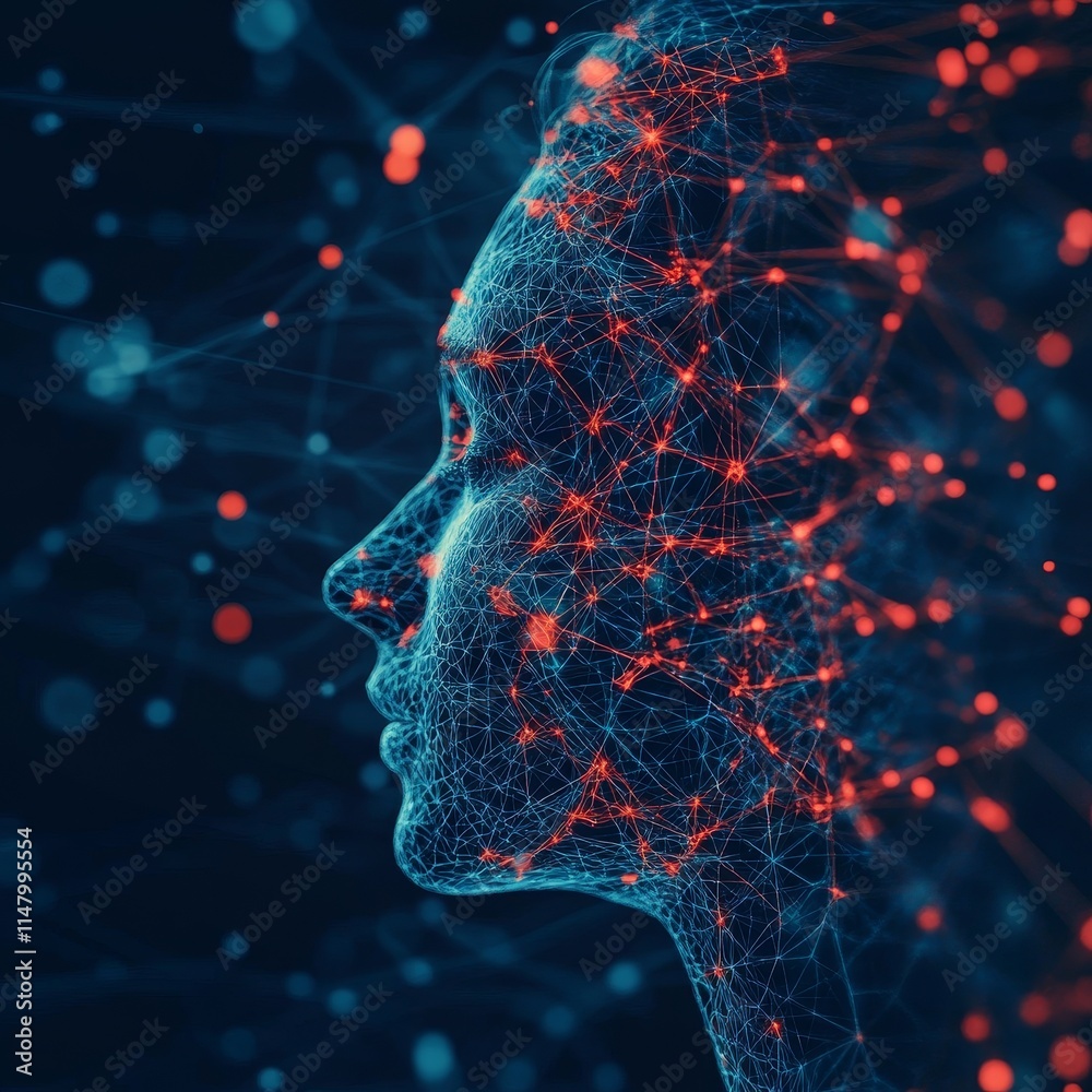 Poster digital representation of a human face with interconnected lines and dots symbolizing a neural netwo