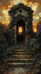 Fototapeta premium A mystical path leads through an ancient stone archway, enveloped in vibrant greenery and illuminated by a golden sunset, evoking a sense of mystery and enchantment.