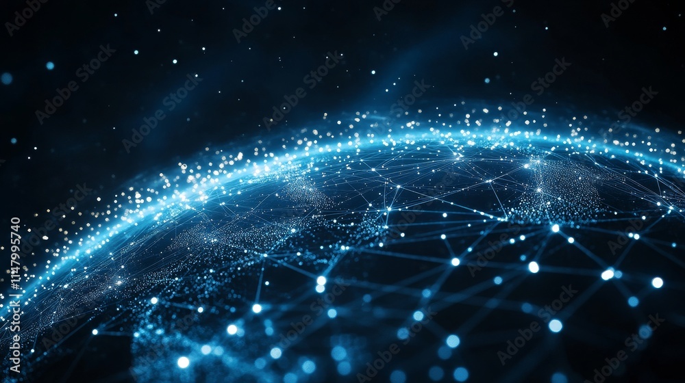 Poster digital representation of a connected world with glowing network lines and points across a globe aga