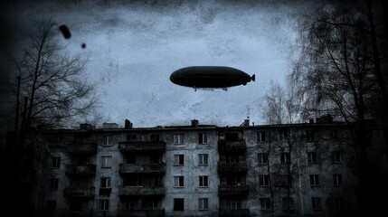 A zeppelin hovers ominously over an abandoned building under a gloomy sky.