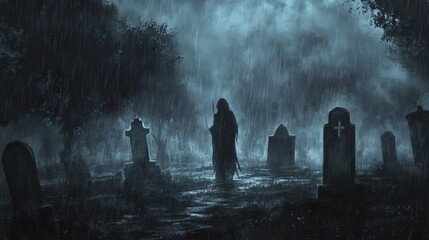 A hooded figure stands in a rain swept graveyard