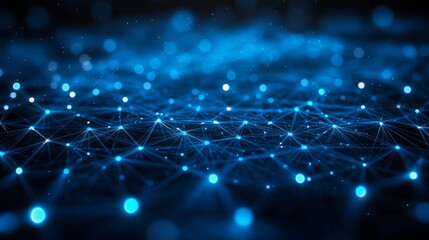 Obraz premium Abstract Digital Background With Glowing Blue Dots Connected by Lines, Creating a Network-Like Appearance in a Dark Environment
