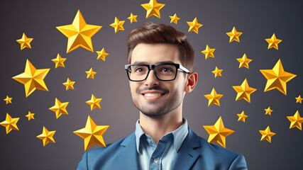 best employee of the month. Star workers or superstars. special person awards and achievements. A man in the frame and surrounded by stars. symbols or icons. 3D concept design realistic. Generative AI