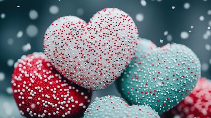 Obraz premium Glittery heart shapes covered in colorful sprinkles stack together against a soft winter bokeh background.