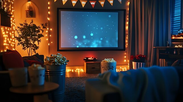 Indoor celebration with a movie night theme, a big screen, popcorn buckets, cozy seating and a Happy New Year banner with glowing fairy lights