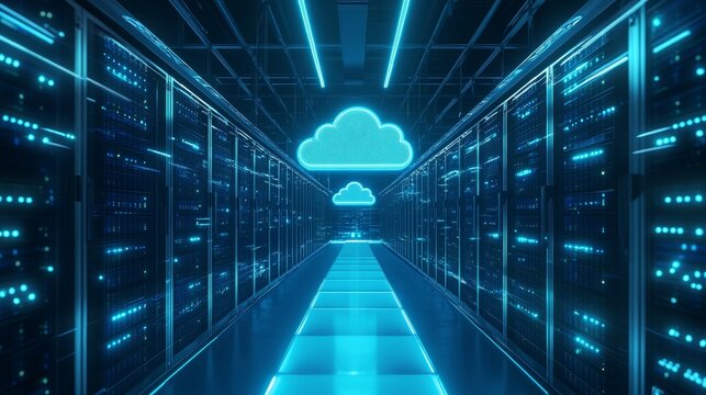 Advanced Data Storage Corridor Illuminated by Neon Blue Lights With a Prominent Cloud Symbol Overhead for Digital Services