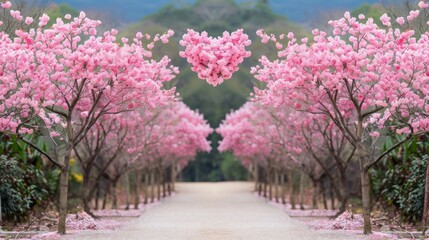 Blossoming cherry trees in serene setting