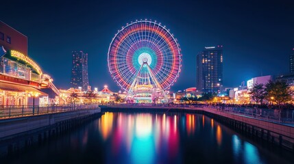 Fototapeta premium Nighttime Ferris Wheel Illumination, Waterfront Cityscape, Vibrant Lights