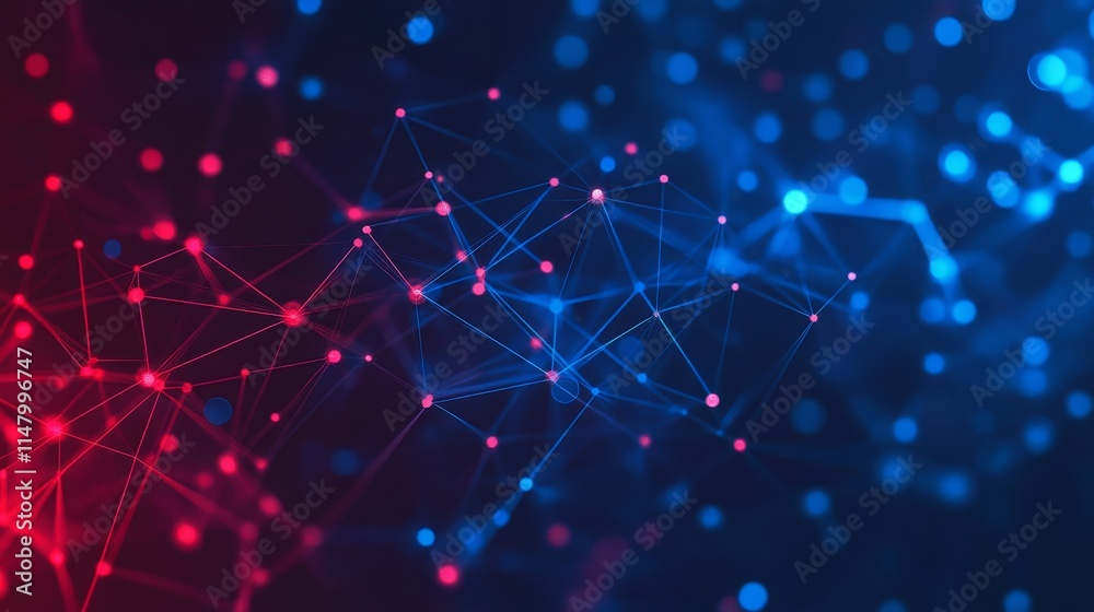 Poster colorful abstract digital network with interconnected nodes and lines in red and blue tones represen