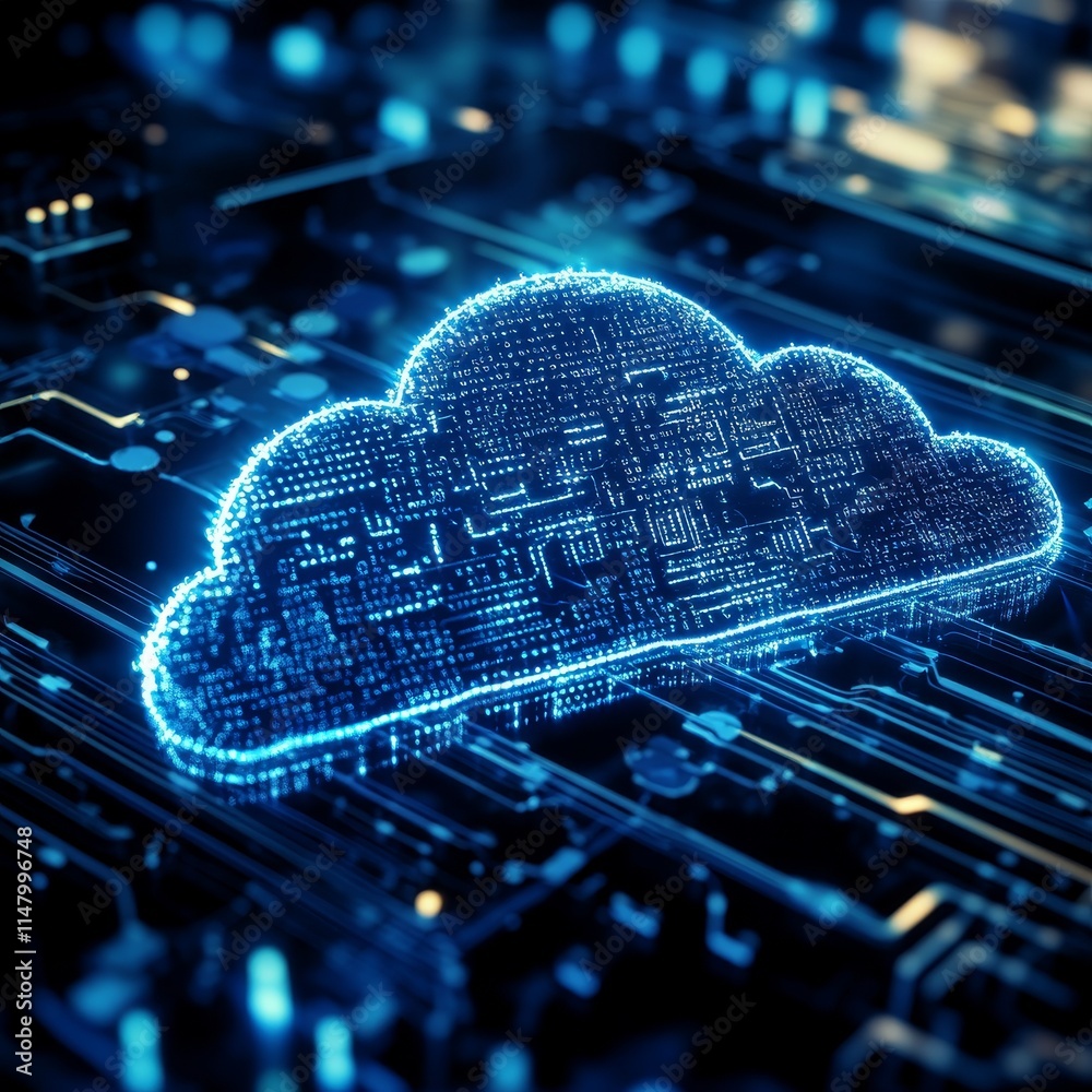 Poster digital cloud symbol with circuit connections representing modern technology and data storage in a f