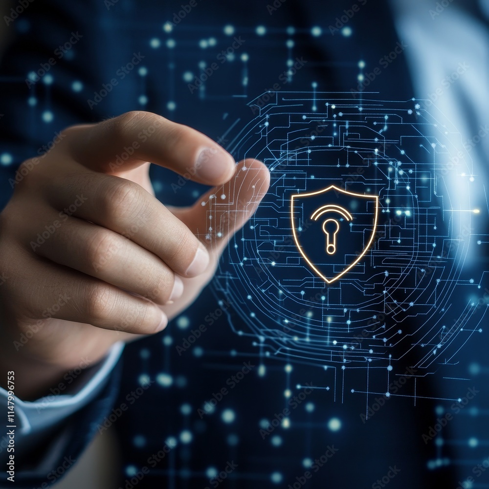 Poster digital security concept with a person interacting with shield symbol representing cybersecurity in 
