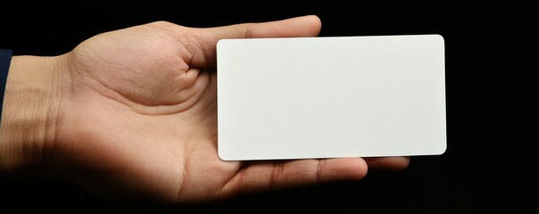 Obraz premium High-resolution close-up of a professional businessmanâ€™s hand presenting a blank white business card for networking and corporate meetings