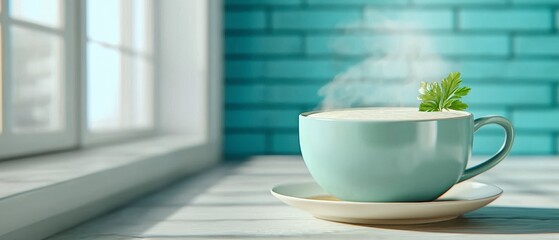 Creamy Mushroom Soup in Teal Mug  Cozy Kitchen Scene  Steam  Herbs