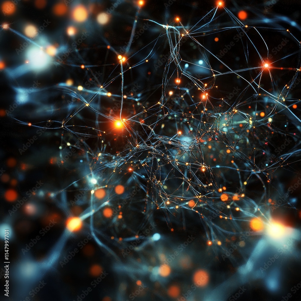 Poster complex network structure illuminated by bright particles in a dark background, creating an abstract