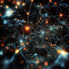 Complex Network Structure Illuminated by Bright Particles in a Dark Background, Creating an Abstract Representation of Connections and Interactions
