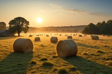 arafed hay bales in a field with a sunset in the background