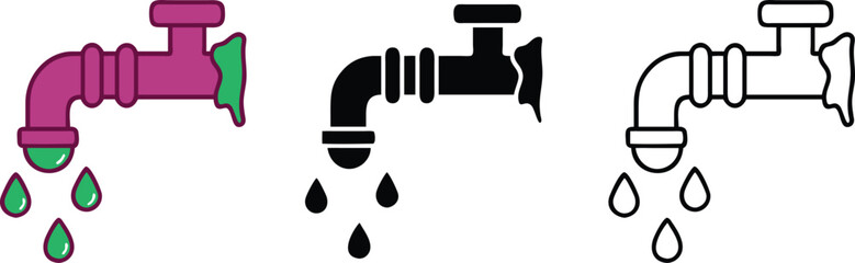 Leaky Faucet Icons Color, Black, and Outline Designs