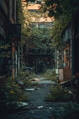 Fototapeta premium Urban overgrowth in abandoned alleyway reveals nature reclaiming a forgotten space in a city