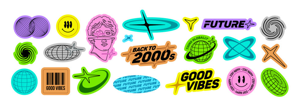 Retro sticker set in trendy Y2k 2000s text quote label collection. Funny futuristic tags with rave party text, urban, future, good vibes. Vintage y2k emblems and logos