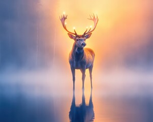 Ethereal stag with glowing antlers standing in foggy twilight, wildlife portrait, surreal grace