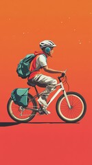 Obraz premium Young Person Rides Bicycle With Backpack And Helmet