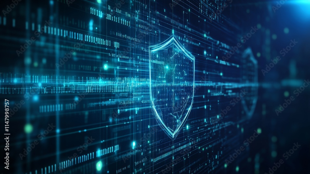 Poster digital shield symbolizing cybersecurity with flowing data streams and glowing lines in a futuristic