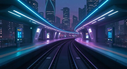 Fototapeta premium Futuristic City Night Train Station Platform Neon Lights Cyberpunk Scifi