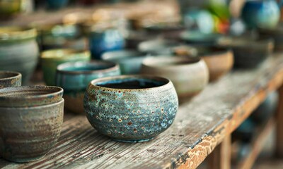 Assorted handmade pottery bowls on wooden shelf, with focus speckled blue bowl