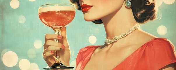 A vintage style illustration of a woman holding a cocktail
