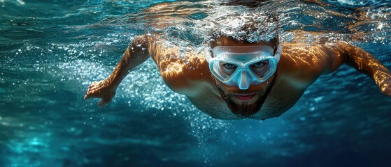 Fototapeta premium Underwater man snorkeling in ocean.