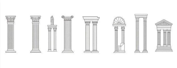 Set of different antique columns, thin line art vector illustration with white background