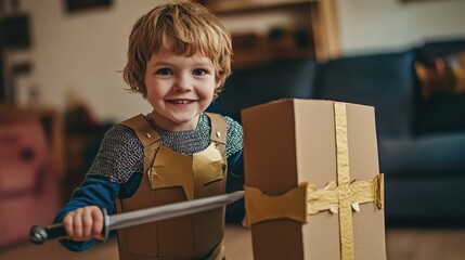 Adorable Toddler Knight Cardboard Armor Sword Playtime Fun