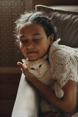 A girl hugs her white cat
