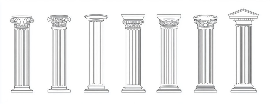 Set of different antique columns, thin line art vector illustration with white background
