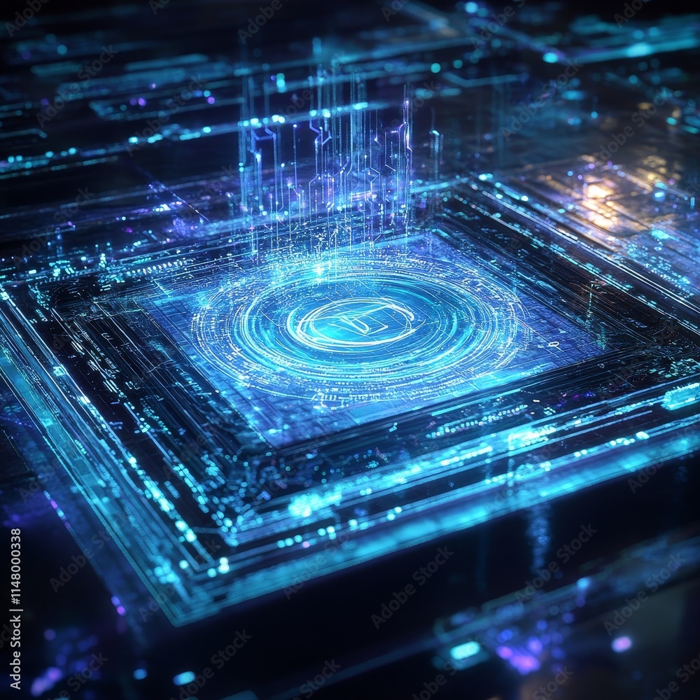 Poster detailed close-up of a futuristic microchip with glowing circuits, representing advanced technology 