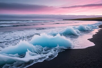 Fototapeta premium waves crashing on the beach at sunset with a pink sky