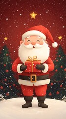 Cartoon Santa holds a present