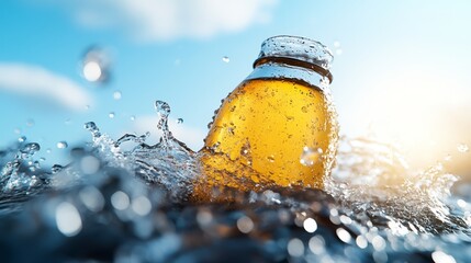 A bottle of beer splashing out of the water
