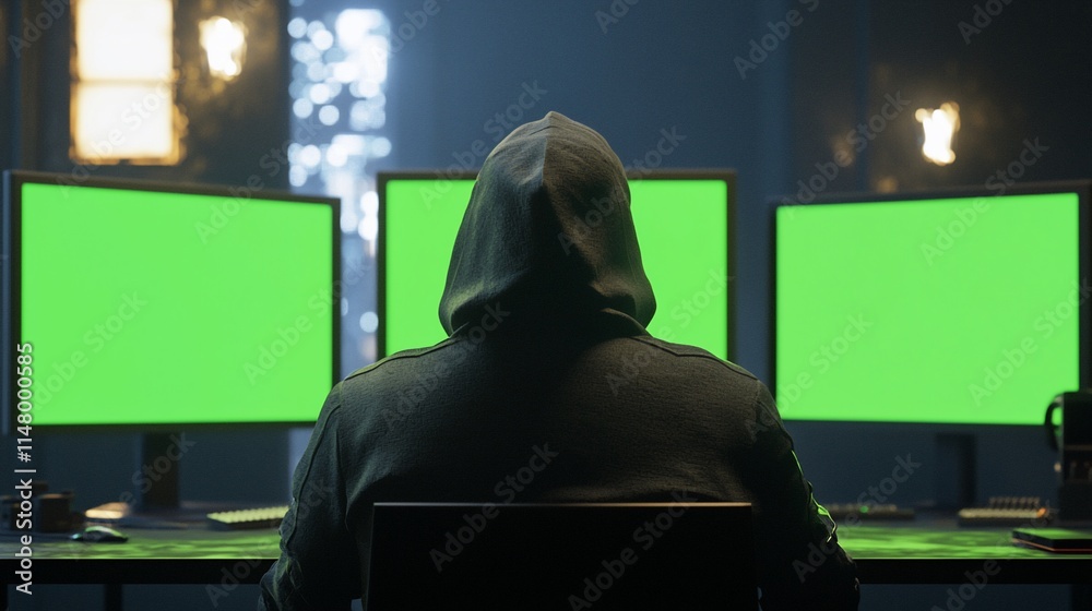 Poster Hooded Figure Working With Multiple Green Screen Computers