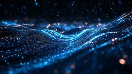 Sparkling Blue Waves of Light Create a Mesmerizing Experience in a Digital Landscape at Night