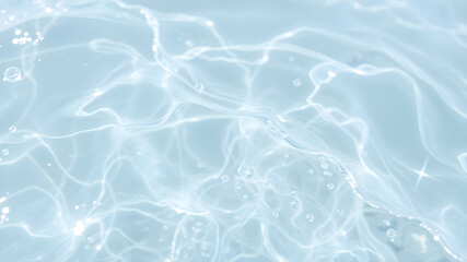 Obraz premium Blurred desaturated transparent clear calm water surface texture with splashes and bubbles. Trendy abstract nature background. White-grey water waves in sunlight. Generative AI