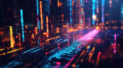 Digital Flow: Abstract digital art depicting a vibrant, futuristic cityscape of glowing lines and data streams, symbolizing technological advancement and innovation.  
