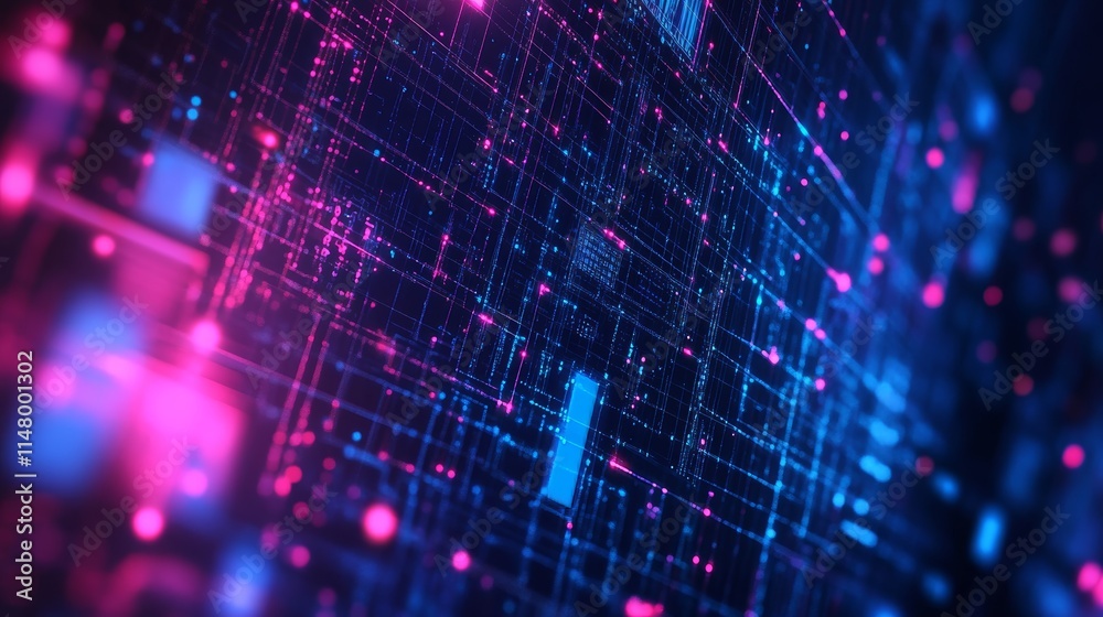 Aufkleber Vibrant Digital Abstraction Showcasing a Futuristic Network of Interconnected Nodes and Circuits Illuminated in Blue and Pink Hues