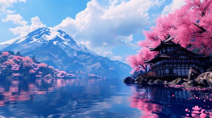 Obraz premium Serene lake with cherry blossoms and mountains