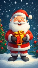 Cartoon Santa holds a present